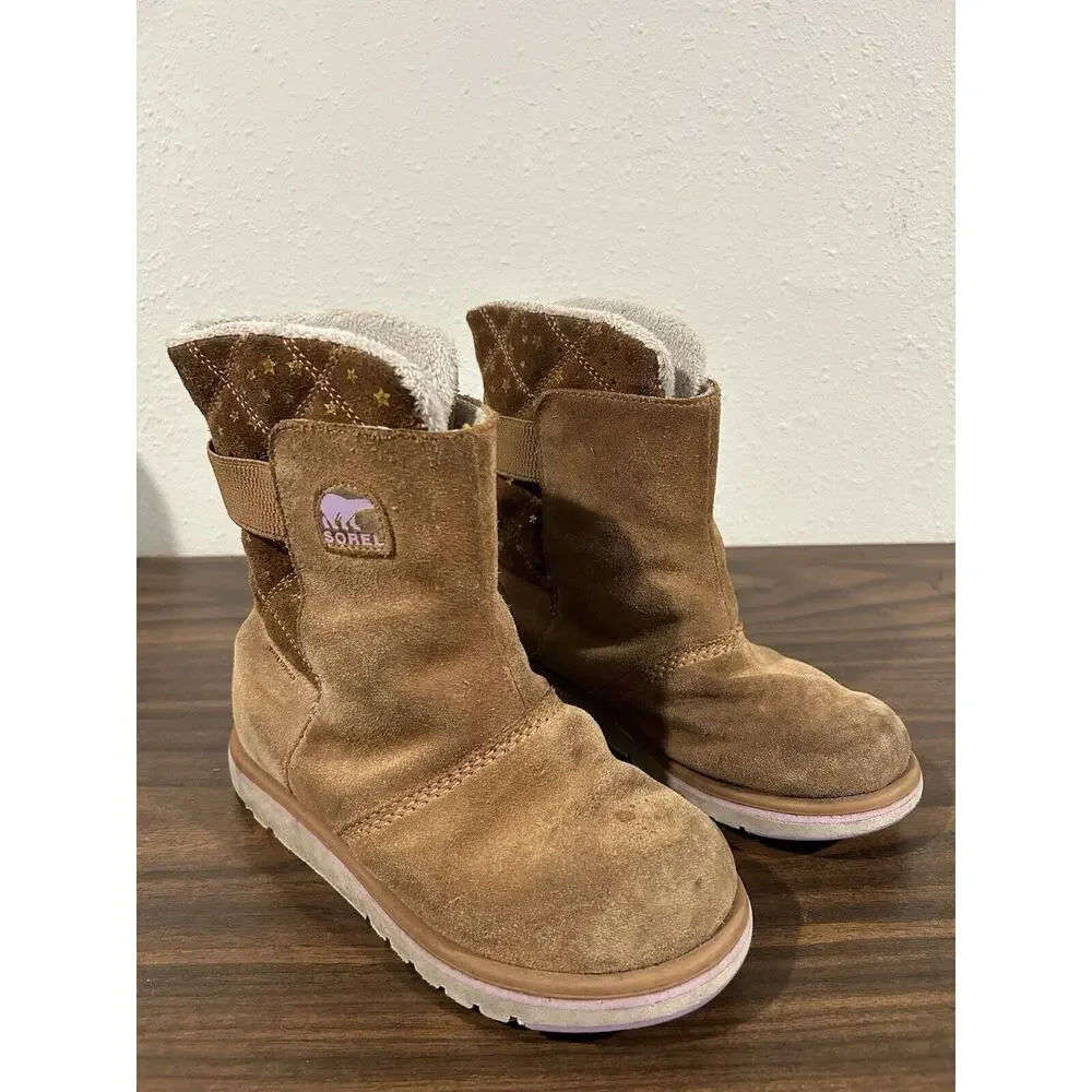 Sorel Rylee Boots Girls Sz 3‎ Waterproof Winter Suede Fleece Slip-on Brown Gold